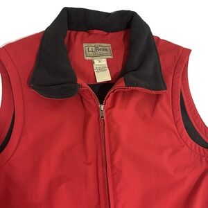 L.L. Bean Canvas Nylon Zip Up Vest Mens M Red Black Fleece Lined Outdoors Y2K